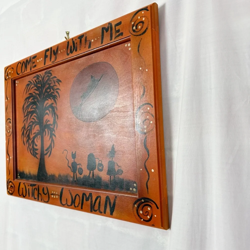 Come Fly with Me Witchy Woman Handpainted Orange Wall Art Halloween Decor Sign